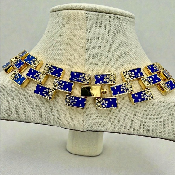 Rare Lulu Frost Signed Blue Enamel Gold Statement Necklace 17” Excellent Cond. - Picture 11 of 17